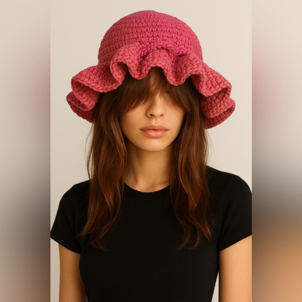 Pink Ruffled crochet Women's Hat - Picture 1 of 3